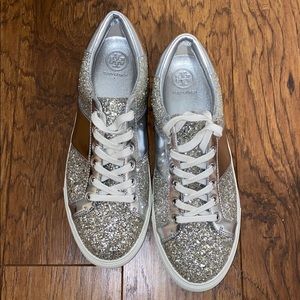 tory burch glitter lace up sneakers